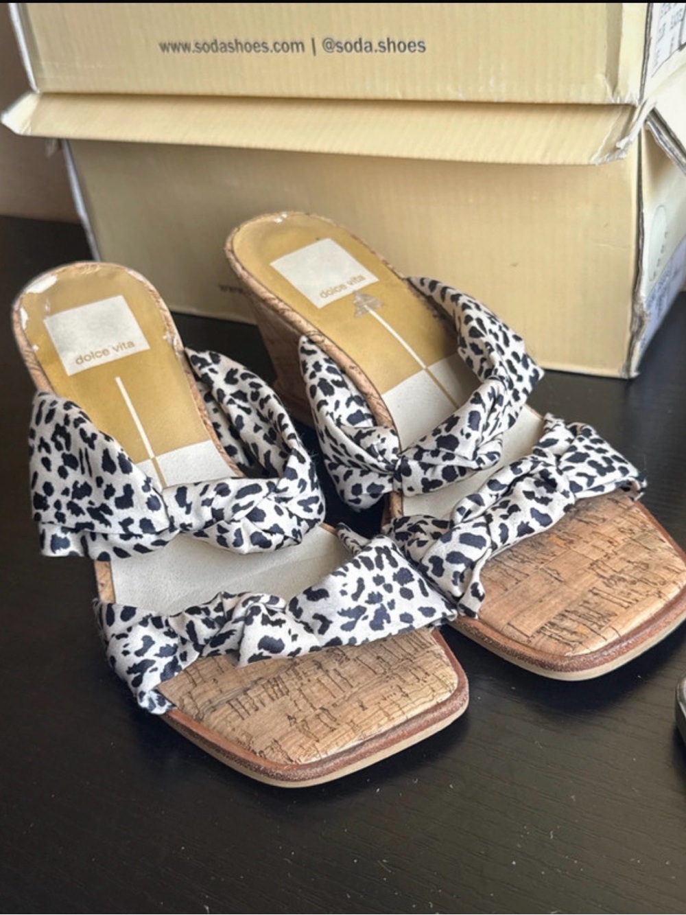 Dolce Vita Black & White Leopard Knot Cork Mules